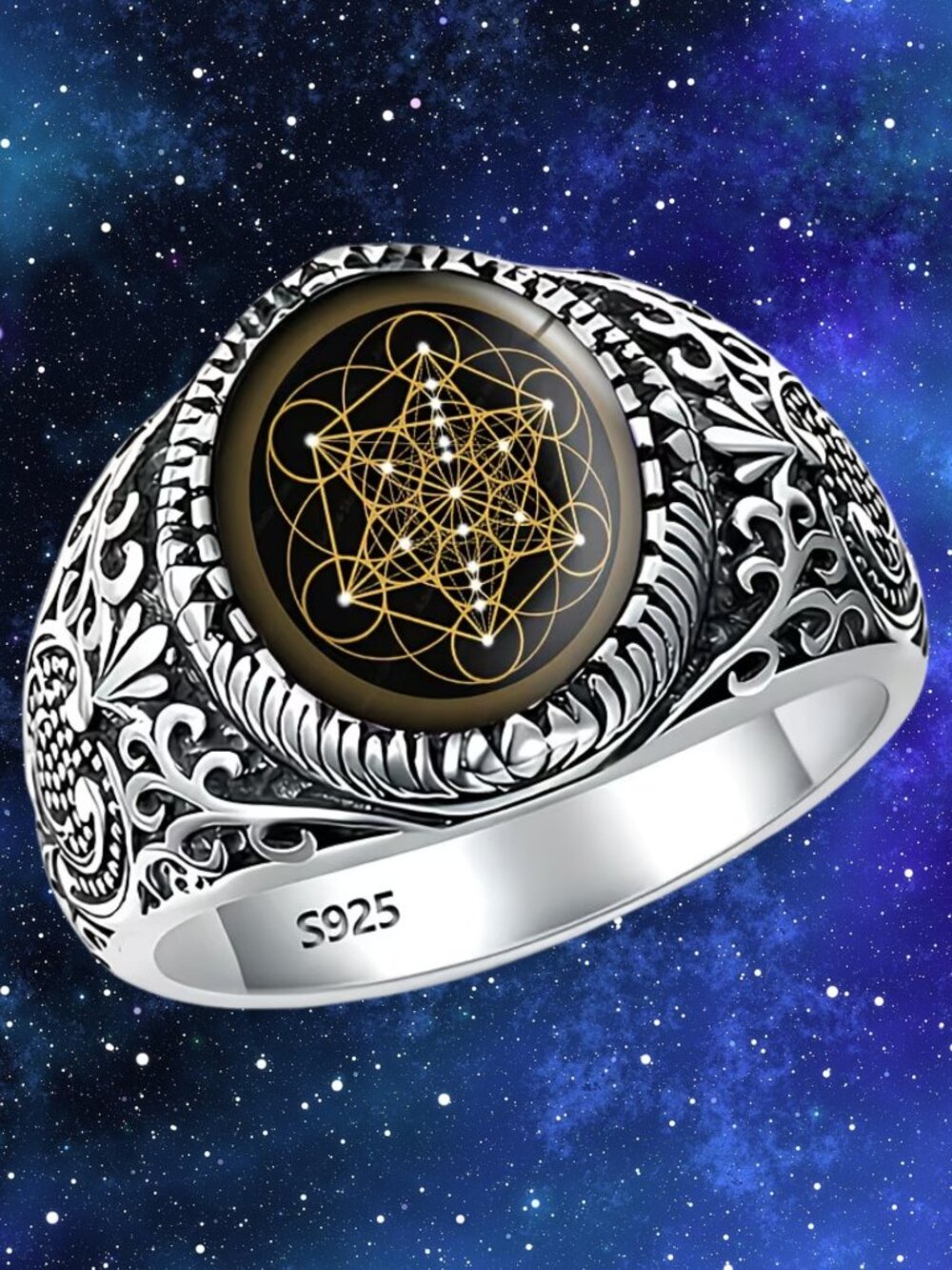 Sacred Geometric Intricately Crafted Silver Band Size 7